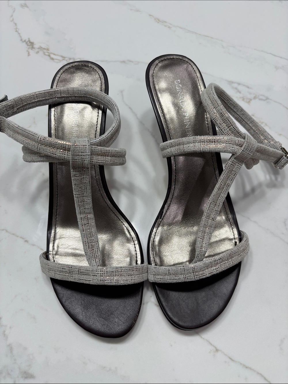 Donald J. Pliner Silver Textured Strappy Mid-Heel Sandals - Picture 3 of 13